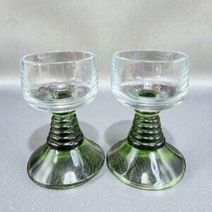 German Roemer Green Glass Cordial Beehive Swirl Stems Set 2 Small Cups Glasses